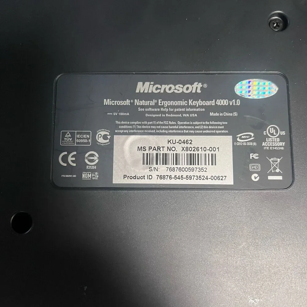 Microsoft KU-0462 Natural Black Ergonomic Wave USB Keyboard 4000 v1.0 Model 1048
